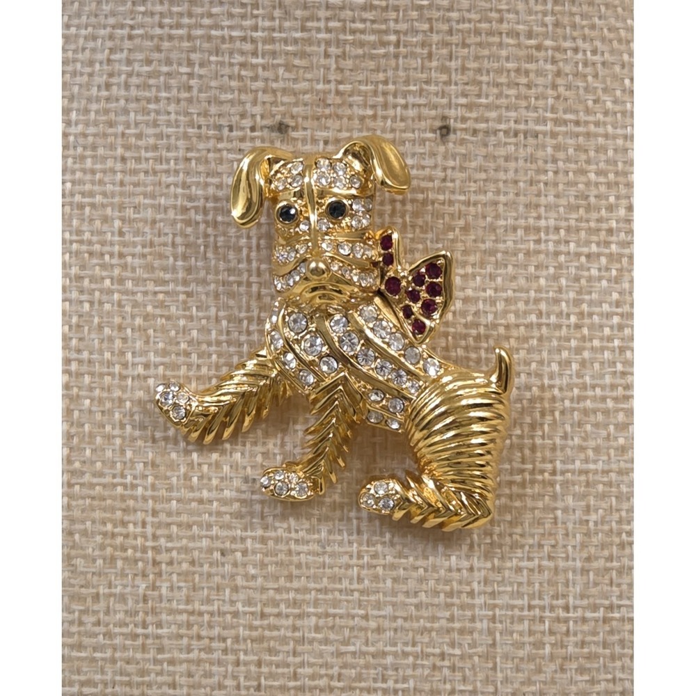 Vtg KJL Kenneth Jay Lane Gold Tone Rhinestone Dog Terrier With Bow Pin Brooch 2"